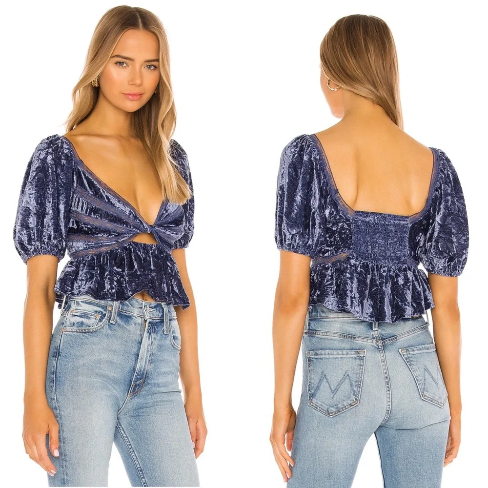 FREE PEOPLE Yours Truly Dark Blue Velvet Peplum Blouse Top Keyhole Cutout XS
